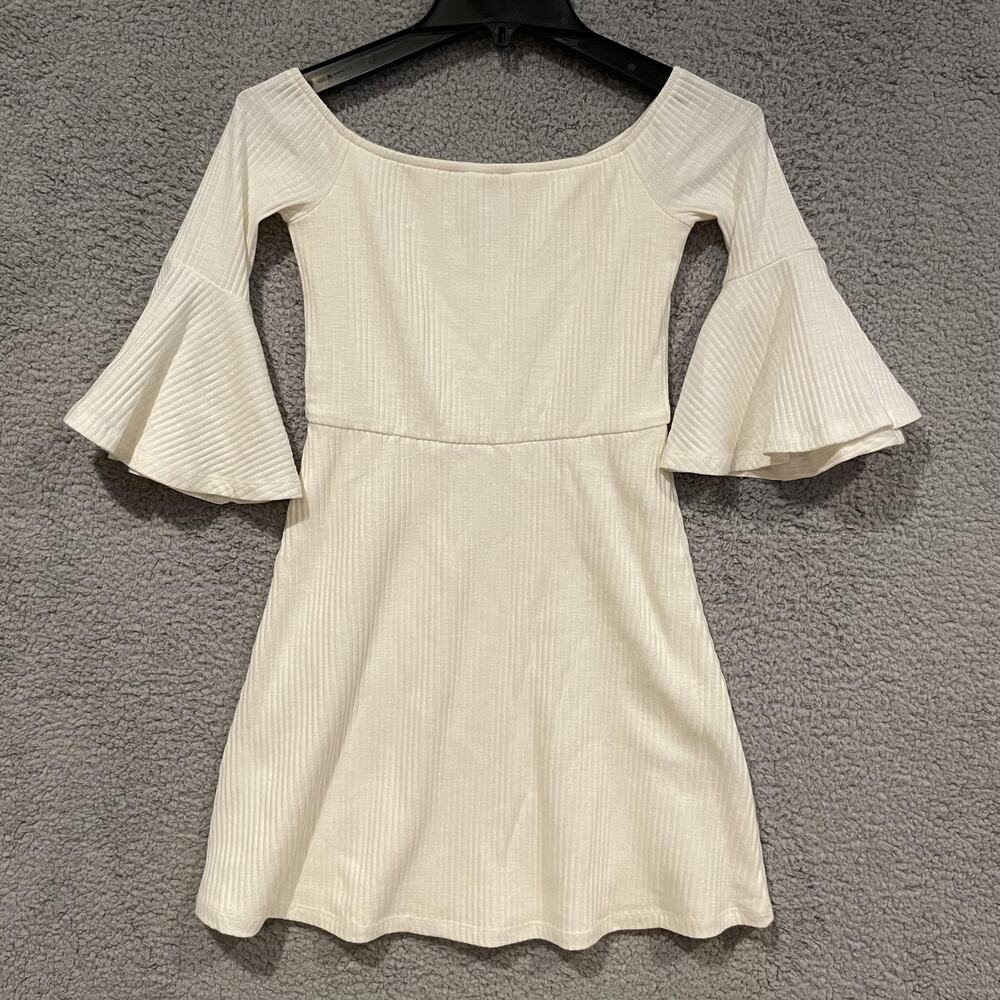 NBD Dress Womens Extra Small White Ribbed Knit Bell Sleeve Flare Party Stretchy